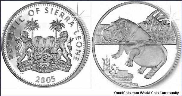 Floating hippopotamus on a silver proof Sierra Leone $10 crown.