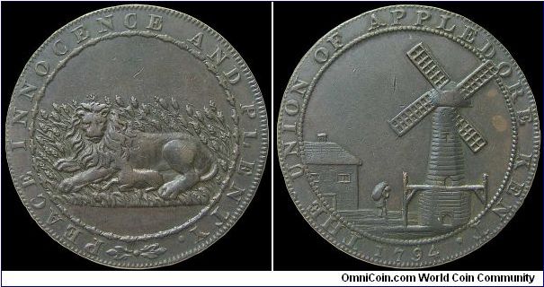 ½ Penny Conder Token.

A lion and a lamb lying down together, with standing corn in the background.                                                                                                                                                                                                                                                                                                                                                                                                               