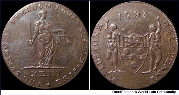 ½ Penny Conder Token.

The legend reads 'THE SPRING OF FREEDOM ENGLANDS BLESSING'.                                                                                                                                                                                                                                                                                                                                                                                                                                