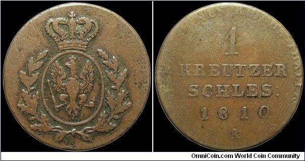 1 Kreutzer, Prussia.

Berlin mint, struck for use in Silesia.                                                                                                                                                                                                                                                                                                                                                                                                                                                     