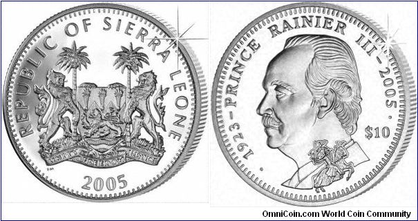 Yet another new issued from Sierra Leone, not an African animal, but Prince Rainier of Monaco 1923 - 2005, as a memorial coin.