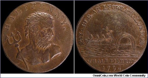 ½ Penny Conder token.

A whaling boat with a crew of four, one of whom is about to hurl a harpoon at a whale spouting water to the right.                                                                                                                                                                                                                                                                                                                                                                         