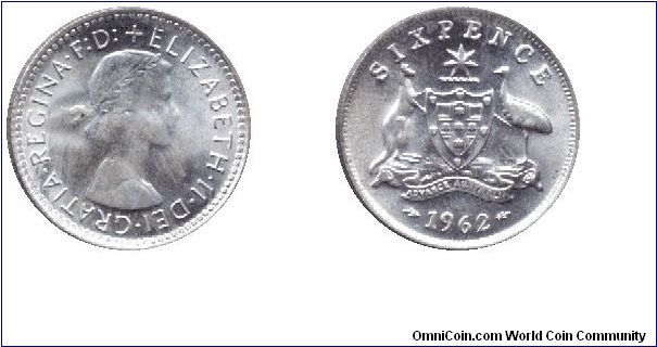Australia, 6 penny, 1962, Ag, Queen Elizabeth II.                                                                                                                                                                                                                                                                                                                                                                                                                                                                   