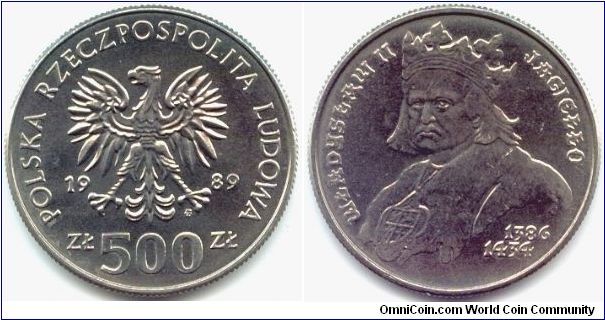 Poland, 500 zlotych 1989.
King Wladyslaw II Jagiello (1386-1434).