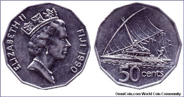 Fiji, 50 cents, 1990, Ni-A, Sailboat - takia, Queen Elizabeth II.                                                                                                                                                                                                                                                                                                                                                                                                                                                   