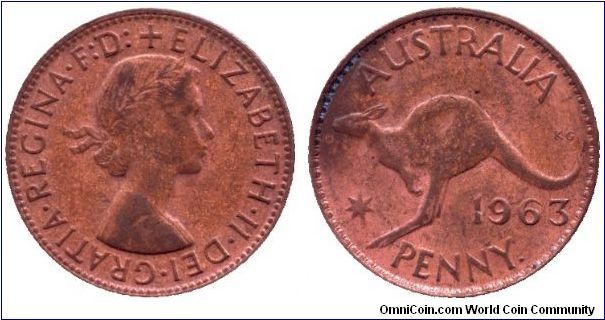Australia, 1 penny, 1963, Bronze, Kangaroo, Queen Elizabeth II.                                                                                                                                                                                                                                                                                                                                                                                                                                                     