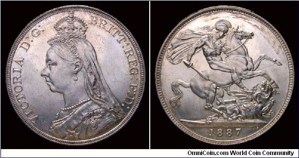1887 Great Britain Crown, Queen Victoria, Jubilee Head, George and the Dragon reverse by Pistrucci. KM.765 Spink 3921. Mintage 173,000.