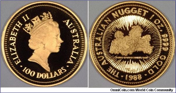 Proof one ounce Australian nugget features the Pride of Australia nugget discovered in 1981.