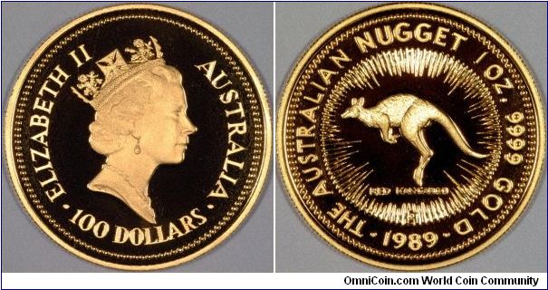 Proof 1989 one ounce nugget uses the Red Kangaroo design not used on the bullion version until the next year.