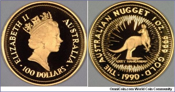 The 1990 proof one ounce nugget features the Grey Kangaroo.