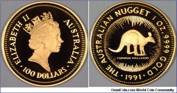 The 1991 one ounce proof gold nugget has the Common Wallaroo as its design.