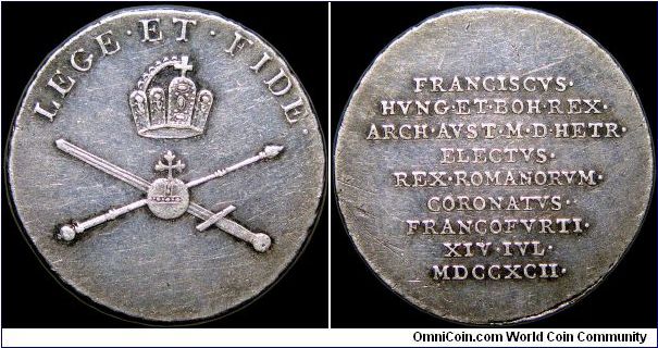 Frankfurt Coronation Medal, Austria.

The Austro-Hungarian Empire was huge in European terms and the new Emperor had to travel to key cities and get crowned. This piece is 19mm in size.                                                                                                                                                                                                                                                                                                                         