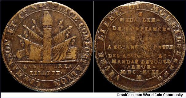 2 Sols token.

Issued by the Clemanson Brothers of Lyons. This was the French equivilent of the British Conder tokens of the same time. Merchants issued these tokens because official money was being hoarded.                                                                                                                                                                                                                                                                                                   