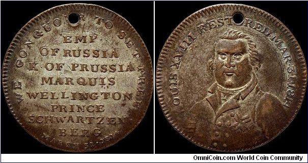 The Restoration of the Bourbon Dynasty, Great Britain.

The restoration of the Bourbons was not a given in the spring of 1814. This unusual medal shows a certainly less flattering portrait of Louis XVIII, full face. It is also a silvered example, unlisted in that metal content in BHM.                                                                                                                                                                                                                     