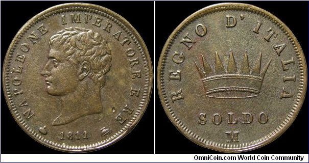 1 Soldo, Napoleonic Kingdom of Italy.

Milan mint. Prior to the reverse die break.                                                                                                                                                                                                                                                                                                                                                                                                                                