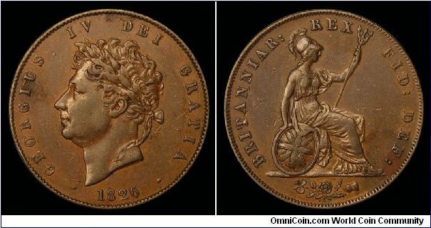 1826 Great Britain Half Penny, George IV. KM 692, Spink 3824.