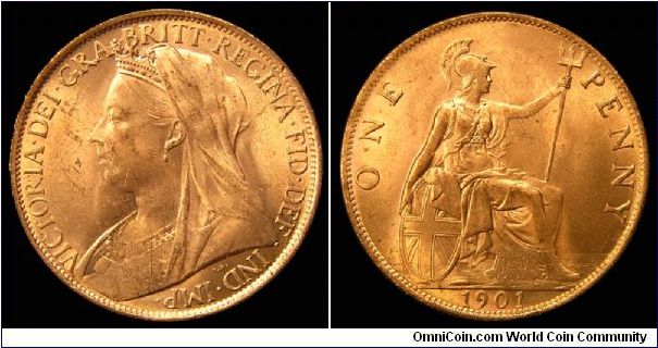 1901 Great Britain Penny, Queen Victoria, Veiled Head, UNC. KM 790, Spink 3961.