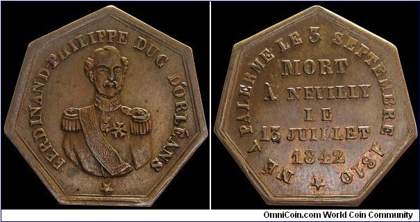 Death of the Duc d'Orleans, France.

An unusual 7 sided medal.                                                                                                                                                                                                                                                                                                                                                                                                                                                    