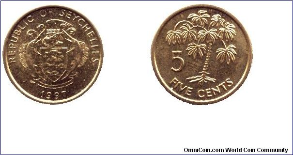 Seychelles, 5 cents, 1997, Brass, Palm tree.                                                                                                                                                                                                                                                                                                                                                                                                                                                                        