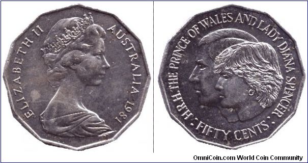 Australia, 50 cents, 1981, Cu-Ni, Prince of Whales and Lady Diana, Queen Elizabeth II.                                                                                                                                                                                                                                                                                                                                                                                                                              