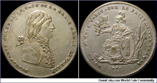 Napoléon in Italy, France.

Though Napoleon had been promoted to general it wasn't until his brilliant campaigns in Italy that he came to the attention of the French public. This early piece is silvered brass.                                                                                                                                                                                                                                                                                                 