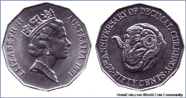 Australia, 50 cents, 1991, Cu-Ni, 25th Anniversary of Decimal Currency, Queen Elizabeth II.                                                                                                                                                                                                                                                                                                                                                                                                                         