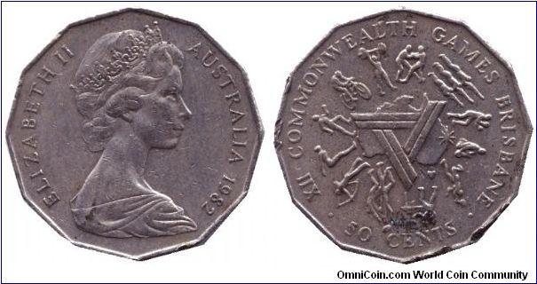 Australia, 50 cents, 1982, Cu-Ni, XII. Commonwealth Games Brisbane, Queen Elizabeth II, unusual shape.                                                                                                                                                                                                                                                                                                                                                                                                              