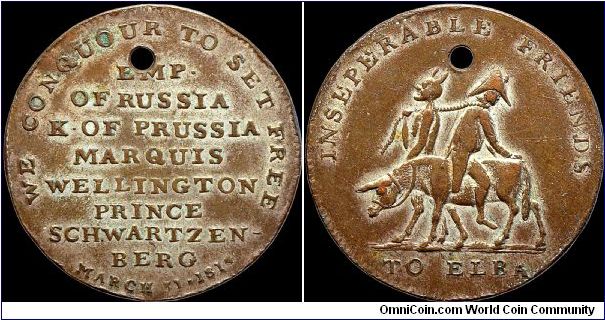 Inseperable Friends, to Elba. Great Britain.

A famous token of the time of Napoleon's first abdication. This RR silvered copper token shows Napoleon riding backwards on a donkey, being led by the Devil.                                                                                                                                                                                                                                                                                                       