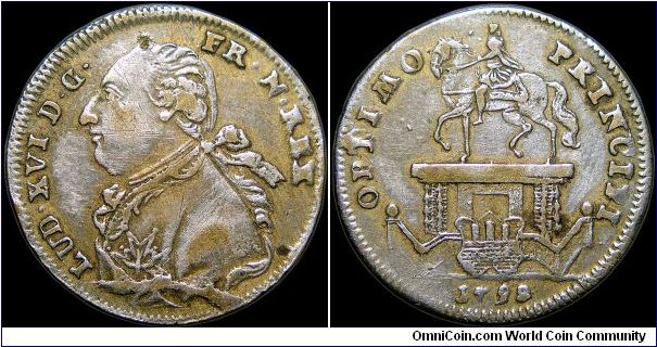 Louis XVI, France.

One of the more common jetons produced at the end of Louis XVI's life. This one is of silvered brass.                                                                                                                                                                                                                                                                                                                                                                                         