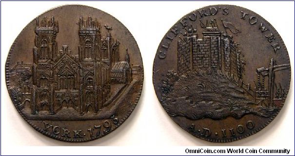1795 Halfpenny sized Conder Token. Yorkshire, York. Obverse: York Cathedral. Reverse: Clifford's Tower A.D. 1100 DH.63