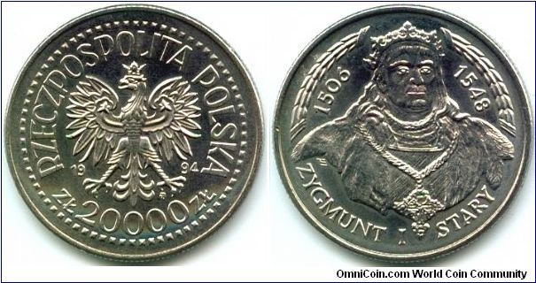 Poland, 20000 zlotych 1994.
King Sigismund I Stary (1506-1548).