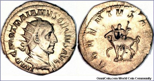 Silver antoninianus with a radiate crowned portrait of Trajan Decius facing left, and the legend IMP C M Q TRAIANUS DECIUS AUG.
The reverse shows Decius riding a horse to the left, although it appears to us more like a camel. An alternative suggestion would be that the emperor was taking part in the first recorded game of polo (this coin is mint!). The reverse legend reads ADVENTUS AUG, meaning the arrival of the emperor, in this case almost certainly in Rome, and probably in 249 AD.