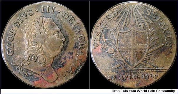 King George III: Recovery from Illness, Great Britain.

A small medal issued after George III recovered from one of his bouts of madness.                                                                                                                                                                                                                                                                                                                                                                         