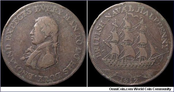 Naval Halfpenny.

Seven years after his death Nelson was being used to bolster morale in the ongoing wars.                                                                                                                                                                                                                                                                                                                                                                                                        