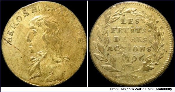 Heros Buonaparte, France.

Another of the LES FRUITS DE SES ACTIONS variants. This one is relatively scarce with the bust facing left. Struck originally on a damaged planchet.                                                                                                                                                                                                                                                                                                                                   