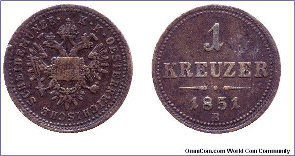 Austria, 1 kreuzer, 1851, Cu, MM: B.                                                                                                                                                                                                                                                                                                                                                                                                                                                                                