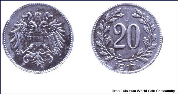 Austria, 20 heller, 1917, Fe.                                                                                                                                                                                                                                                                                                                                                                                                                                                                                       