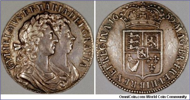 William & Mary halfcrowns saw 2 obverse types and 3 reverse types with about 27 variations in only 5 years. This is a first bust, second shield.
