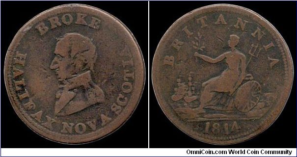 ½ Penny token, Great Britain.

The British Navy suffered a series of humiliating defeats in ship to ship combat in the early days of the War of 1812 against the tiny American Navy. An exception was the combat of the Shannon vs the Chesapeake, depicted on the reverse, where Captain Broke emerged the victor and towed the defeated Chesapeake back to Halifax.                                                                                                                                             