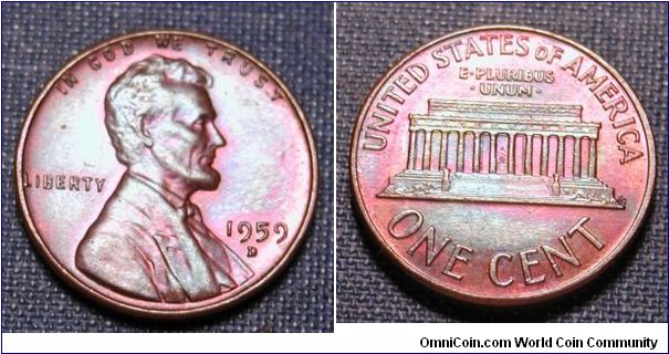 1959-D Lincoln Cent Toned Blue/Red.