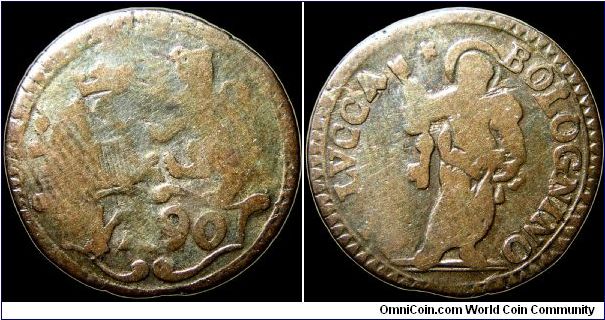 1790 (1835) Bolognino (2 soldi), Lucca.

This is one of the 1835 restrikes. There were only 34k of these and the coin is quite scarce.                                                                                                                                                                                                                                                                                                                                                                                        