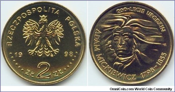 Poland, 2 zlote 1998.
200th Anniversary - Birth of Adam Mickiewicz.