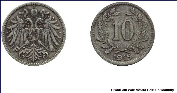 Austria, 10 heller, 1915, Cu-Ni-Zn                                                                                                                                                                                                                                                                                                                                                                                                                                                                                  