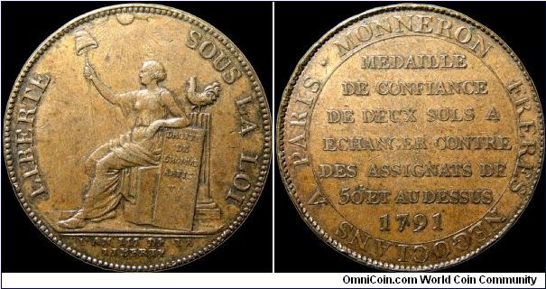 2 Sols token.

Like the need for the contemporary Conder tokens in Britain the French merchants produced tokens to facilitate trade during a period of heavy hoarding.                                                                                                                                                                                                                                                                                                                                            