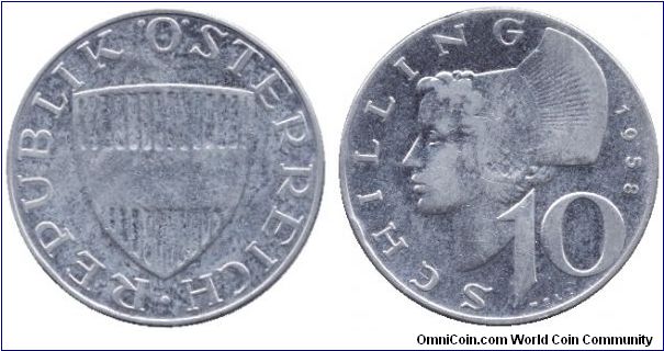Austria, 10 schillings, 1958, Ag, Women's head, Coat of Arms.                                                                                                                                                                                                                                                                                                                                                                                                                                                       