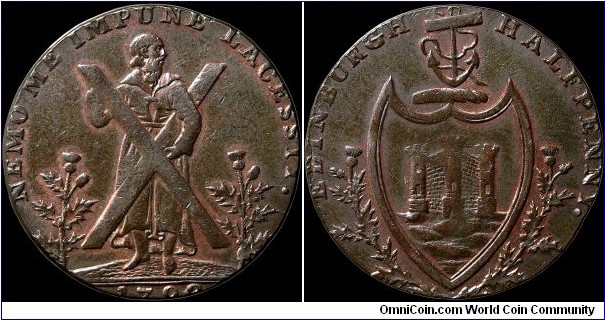 1792 ½ Penny Conder Token. 

A counterfeit from Edinburgh.                                                                                                                                                                                                                                                                                                                                                                                                                                                             