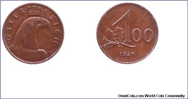 Austria, 100 krone, 1924, Bronze, Eagle.                                                                                                                                                                                                                                                                                                                                                                                                                                                                            