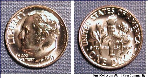 1967 Roosevelt Dime (Prooflike) from SMS (Special Mint Set)