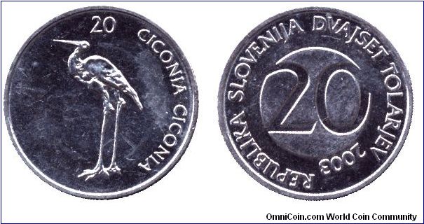 Slovenia, 20 tolars, 2003, Ciconia Ciconia.                                                                                                                                                                                                                                                                                                                                                                                                                                                                         