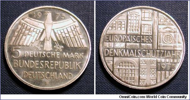 1975-F Germany 5 Marks
European Monument Protection Year
11.2g
.625 Silver
2.1 mm thickness